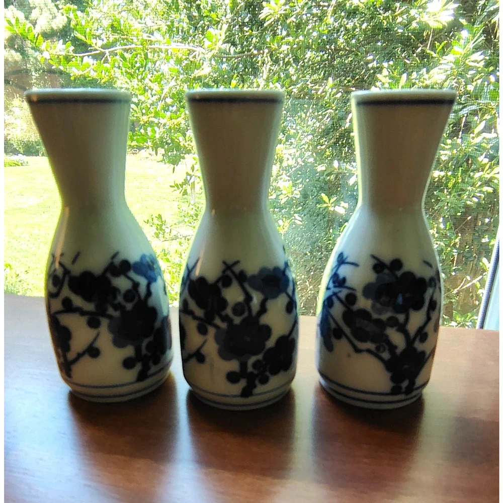 (3) Vtg Japanese Sake Bottle Decanter Vase Blue Porcelain Bamboo Cherry Blossoms